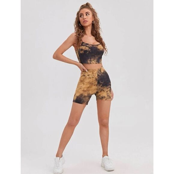 SHEIN Tie Dye Rib-knit Cami Top & Biker Shorts Set - Picture 4 of 5
